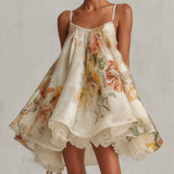 Blanche | Beige Floral Organza Mini A-Line Dress with Lace Trim