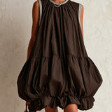 Colette | Brown Sleeveless Mini Dress with Puff Hem