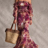Rosine | Maxi Dress with Off-the-Shoulder Sleeves in Antique Pink, Floral Pattern