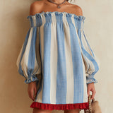Ondine | Mini Striped Dress in Blue and White with Off-the-Shoulder and Contrasting Hem