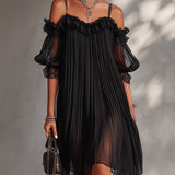 Léonie | Mini Black Dress, Off-Shoulder, Lace Trim
