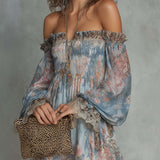 Romane | Mini Dress in Ruched Chiffon with Off-Shoulder and Romantic Flowers