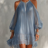 Bleuette | Mini Ruffled Blue Dress, Off-Shoulder, Lace Hem