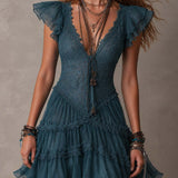 Delphine | Mini Dress with Ruffles in Retro Blue Lace and Chiffon