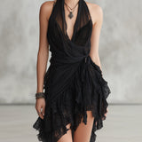 Sélène | Mini Black Dress, Lace Halter Neck and Ruffles