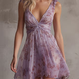 Violet | Mini Dress in Floral Striped Chiffon Retro