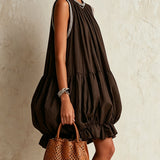 Colette | Brown Sleeveless Mini Dress with Puff Hem