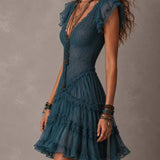 Azurine | Mini Dress with Ruffles in Retro Blue Lace and Chiffon