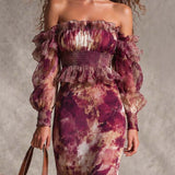 Rosine | Maxi Dress with Off-the-Shoulder Sleeves in Antique Pink, Floral Pattern