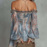 Romane | Mini Dress in Ruched Chiffon with Off-Shoulder and Romantic Flowers
