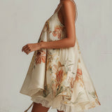 Béatrice | Mini A-Line Dress in Floral Beige Organza, Lace Trim