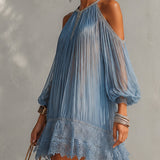 Séraphine | Blue Mini Dress with Off-Shoulder Ruching and Lace Hem