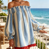 Ondine | Mini Striped Dress in Blue and White with Off-the-Shoulder and Contrasting Hem