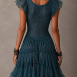 Delphine | Mini Dress with Ruffles in Retro Blue Lace and Chiffon