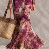 Rosine | Maxi Dress with Off-the-Shoulder Sleeves in Antique Pink, Floral Pattern