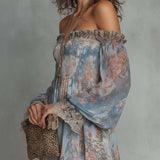 Romane | Mini Dress in Ruched Chiffon with Off-Shoulder and Romantic Flowers