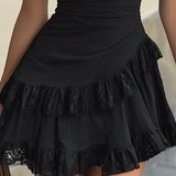 Estelle | Black Lace Ruffled Mini Dress with V-Neck