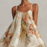 Blanche | Beige Floral Organza Mini A-Line Dress with Lace Trim