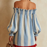 Ondine | Mini Striped Dress in Blue and White with Off-the-Shoulder and Contrasting Hem