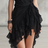 Sélène | Mini Black Dress, Lace Halter Neck and Ruffles