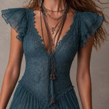 Delphine | Mini Dress with Ruffles in Retro Blue Lace and Chiffon