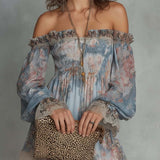 Romane | Mini Dress in Ruched Chiffon with Off-Shoulder and Romantic Flowers