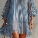 Séraphine | Blue Mini Dress with Off-Shoulder Ruching and Lace Hem