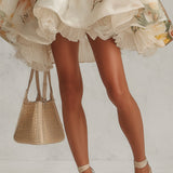 Blanche | Beige Floral Organza Mini A-Line Dress with Lace Trim
