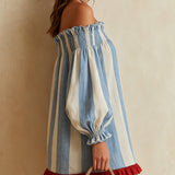 Ondine | Mini Striped Dress in Blue and White with Off-the-Shoulder and Contrasting Hem
