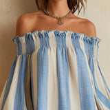 Ondine | Mini Striped Dress in Blue and White with Off-the-Shoulder and Contrasting Hem