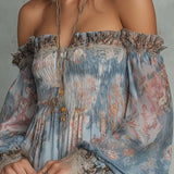 Romane | Mini Dress in Ruched Chiffon with Off-Shoulder and Romantic Flowers