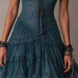 Azurine | Mini Dress with Ruffles in Retro Blue Lace and Chiffon