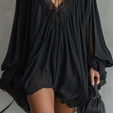 Cassandre | Mini Dress in Black Chiffon with Lace Collar