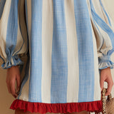 Ondine | Mini Striped Dress in Blue and White with Off-the-Shoulder and Contrasting Hem
