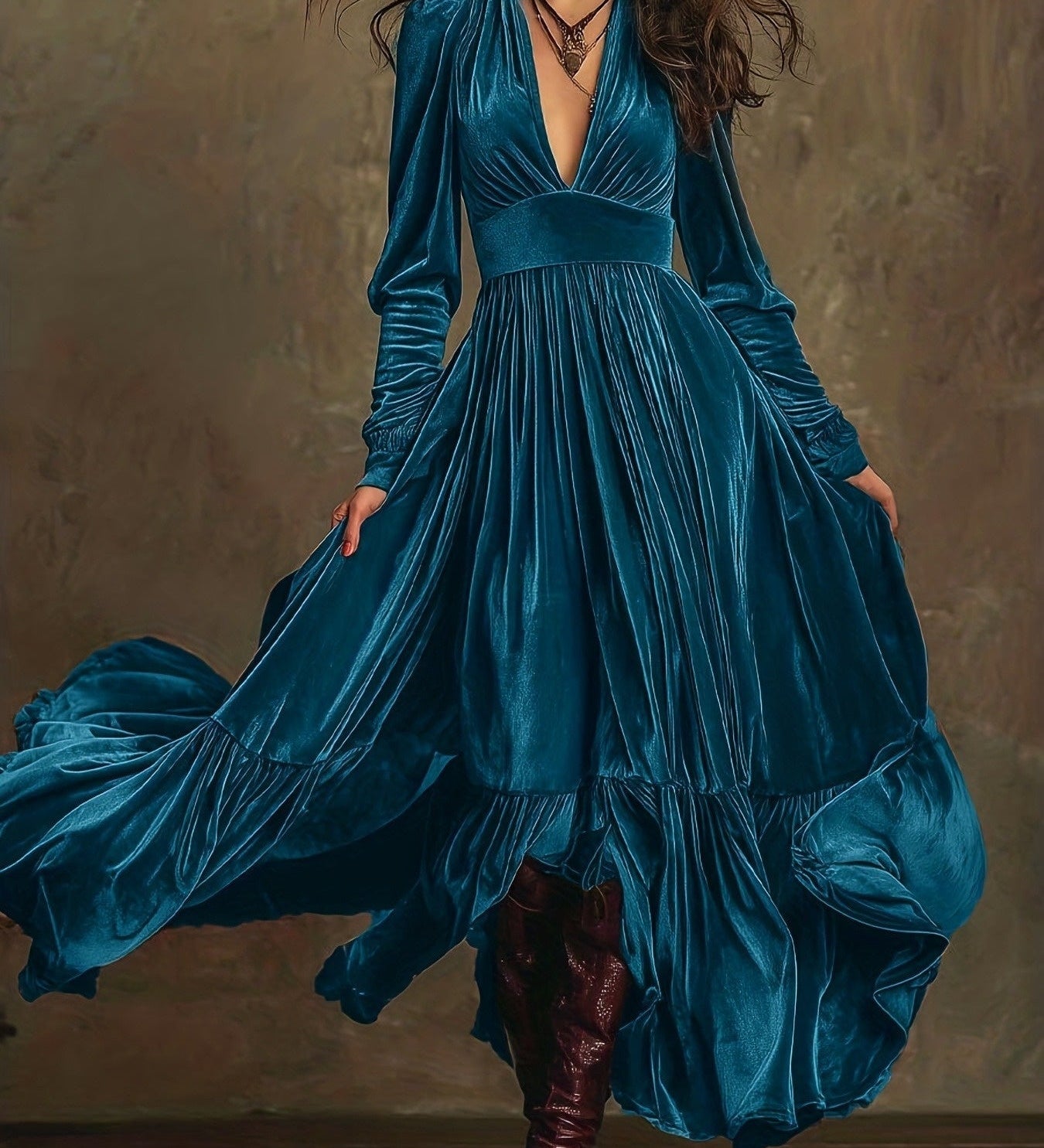 SERAFINA | RETRO OVERSIZED SKIRT LONG DRESS WITH DEEP V-NECK