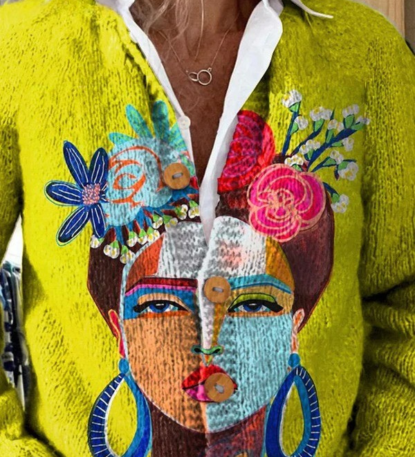 ONA | OIL PAINTING FREDA PORTRAIT ART PRINTED BUTTONED CARDIGAN
