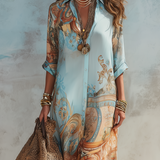 Baroque Style Floral Blue Chiffon Maxi Dress