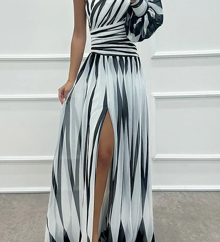 AURORA | ELEGANT STRIPED DRESS WITH ONE SHOULDER