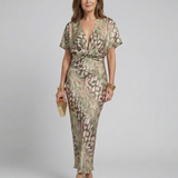 Coralie | Abstract Print V Neck Twist Waist Midi Dress