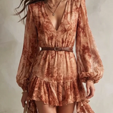Clémence | Mini Dress with Long Sleeves, V-Neck, Terracotta Floral Print