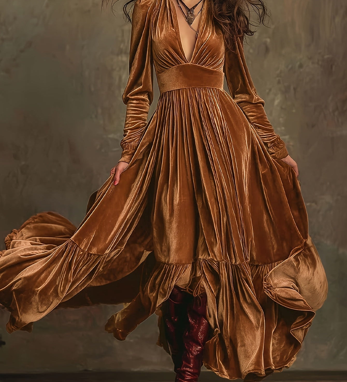 SERAFINA | RETRO OVERSIZED SKIRT LONG DRESS WITH DEEP V-NECK