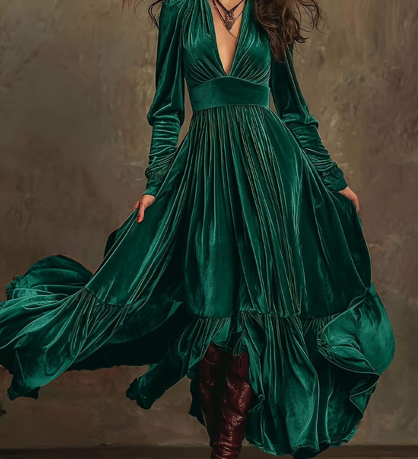 SERAFINA | RETRO OVERSIZED SKIRT LONG DRESS WITH DEEP V-NECK