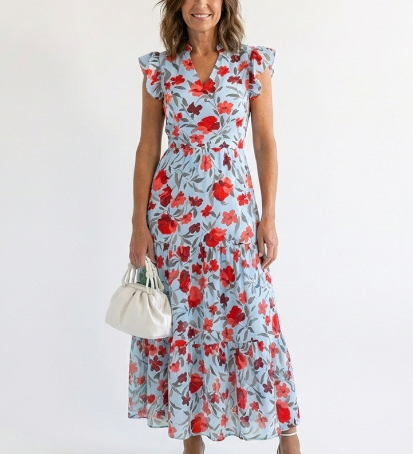 Lila | Floral V-Neck Tiered Midi Dress
