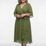 Elysia | V Neck Draped Waist Tie Midi Dress