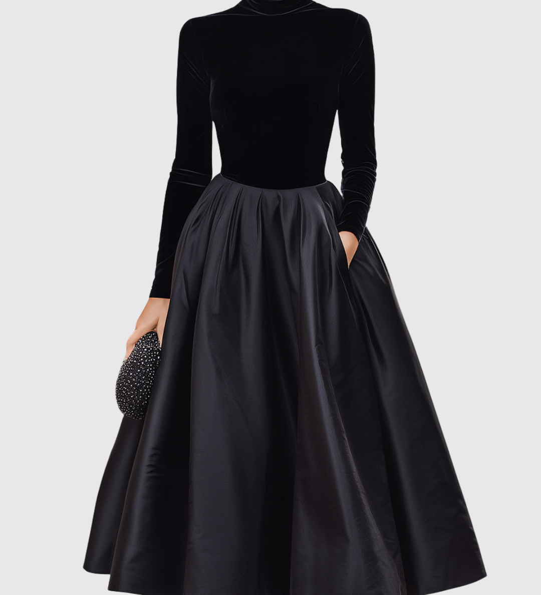 ARADIA | ELEGANT BLACK VELVET AND SATIN MIDI DRESS