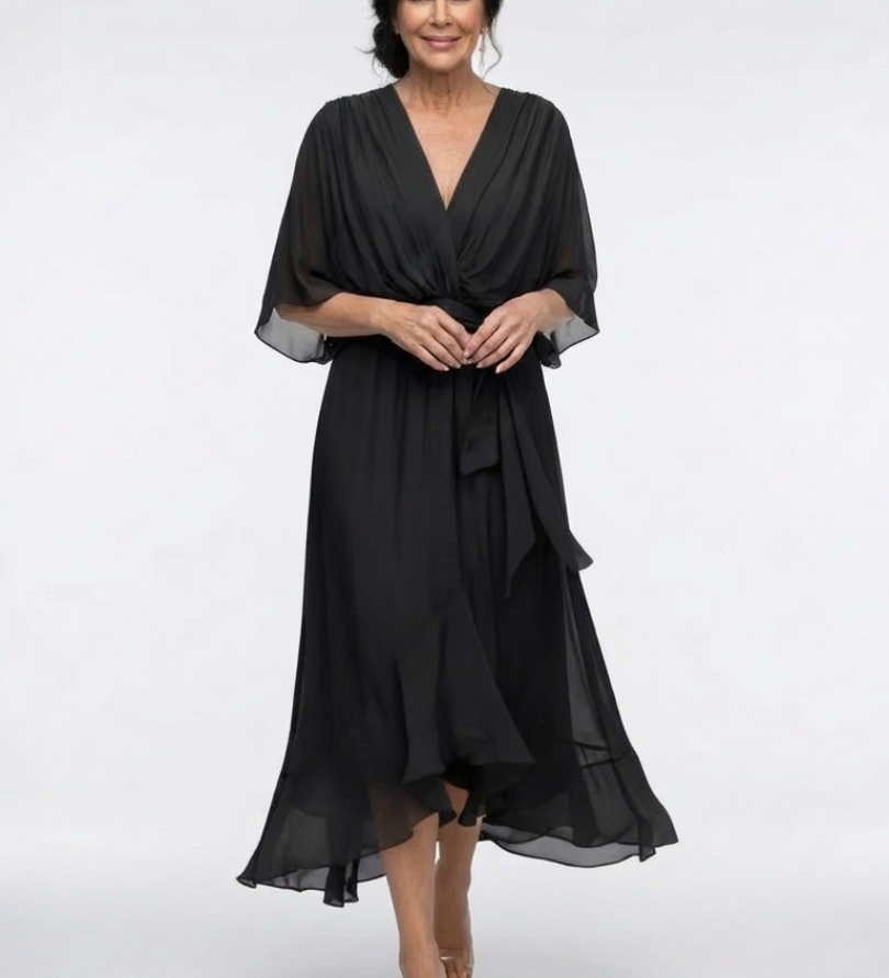 Elysia | V Neck Draped Waist Tie Midi Dress