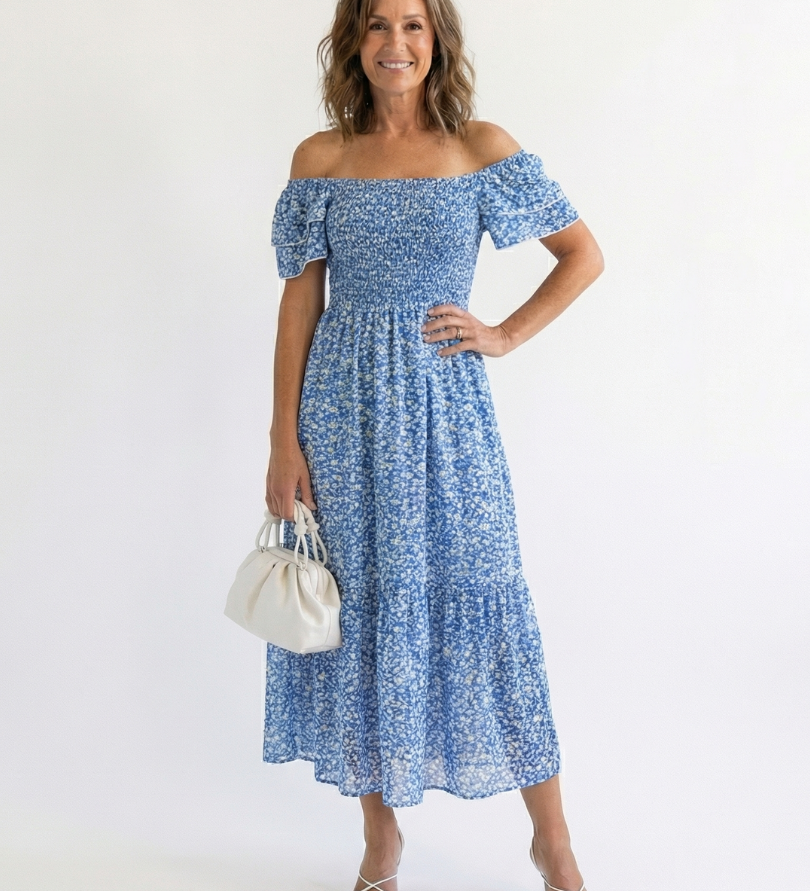 Odette | Off Shoulder Floral Smocked Midi Dress