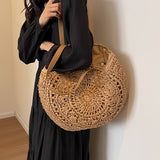 Lola | Round Woven Straw Bag with Pattern — Cognac