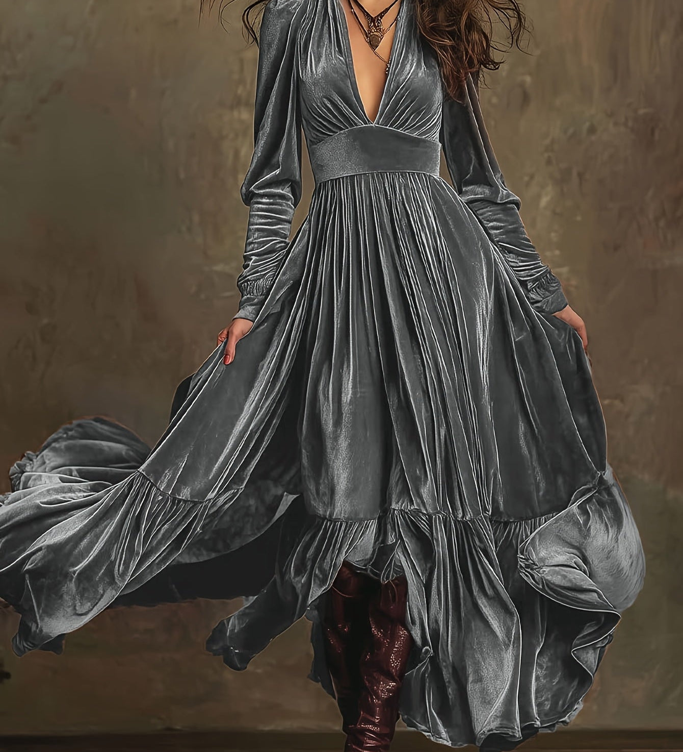SERAFINA | RETRO OVERSIZED SKIRT LONG DRESS WITH DEEP V-NECK