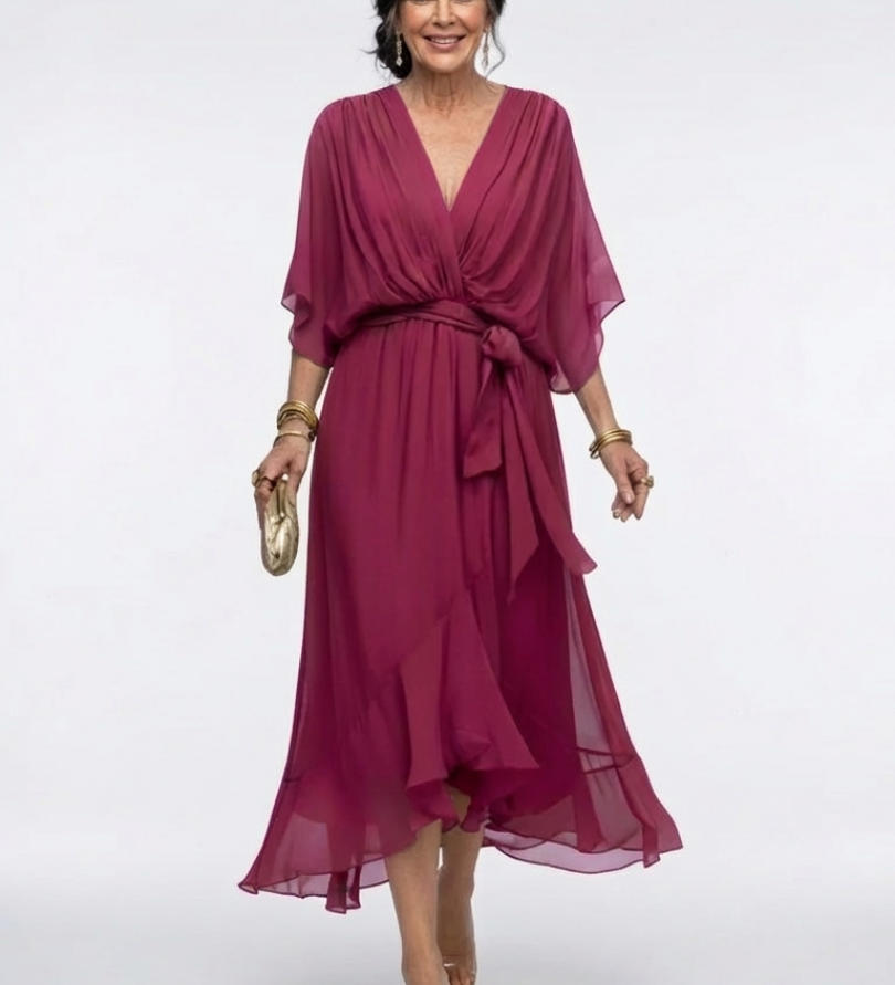Elysia | V Neck Draped Waist Tie Midi Dress
